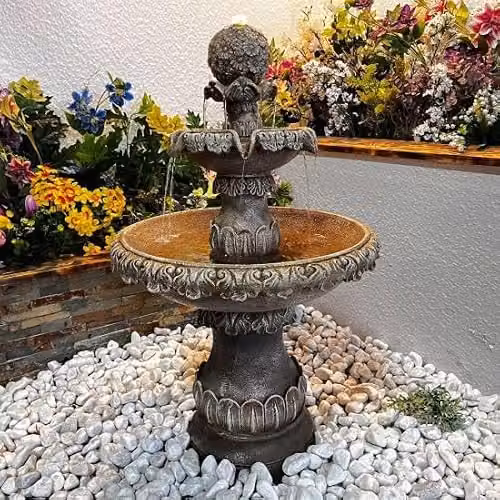 Tranquility Classic Round Floral Tabletop Water Fountain in Natural Grey Resin – 2