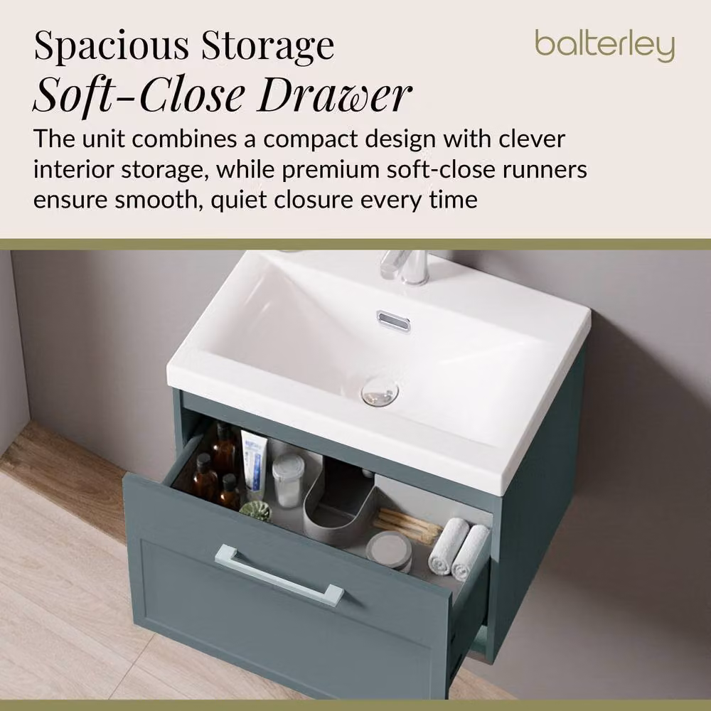 Balterley Wall Hung 1 Drawer Vanity Unit and 1TH Fireclay Basin, Green, Width: 60 cm – 2