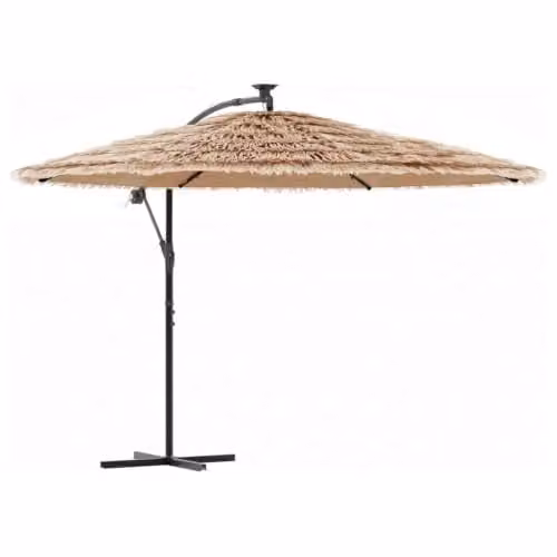 vidaXL Garden Parasol with LEDs and Steel Pole, Brown, W/D/H: 246 x 246 x 230 cm