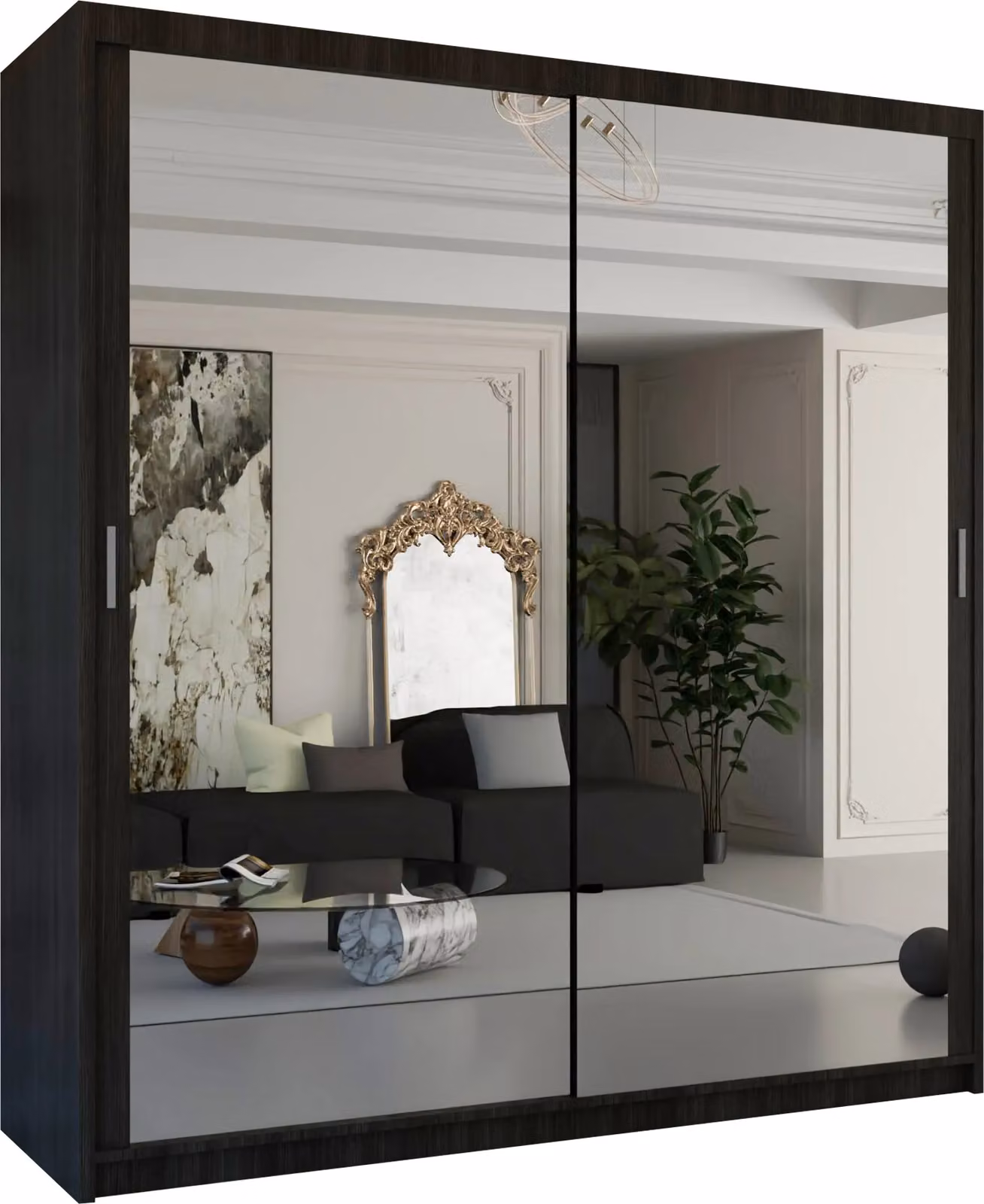4U Double Mirror Sliding Wardrobe with LED Light and Integrated Drawers, Brown, W: 150 cm, H: 217 cm, D: 62 cm – 2