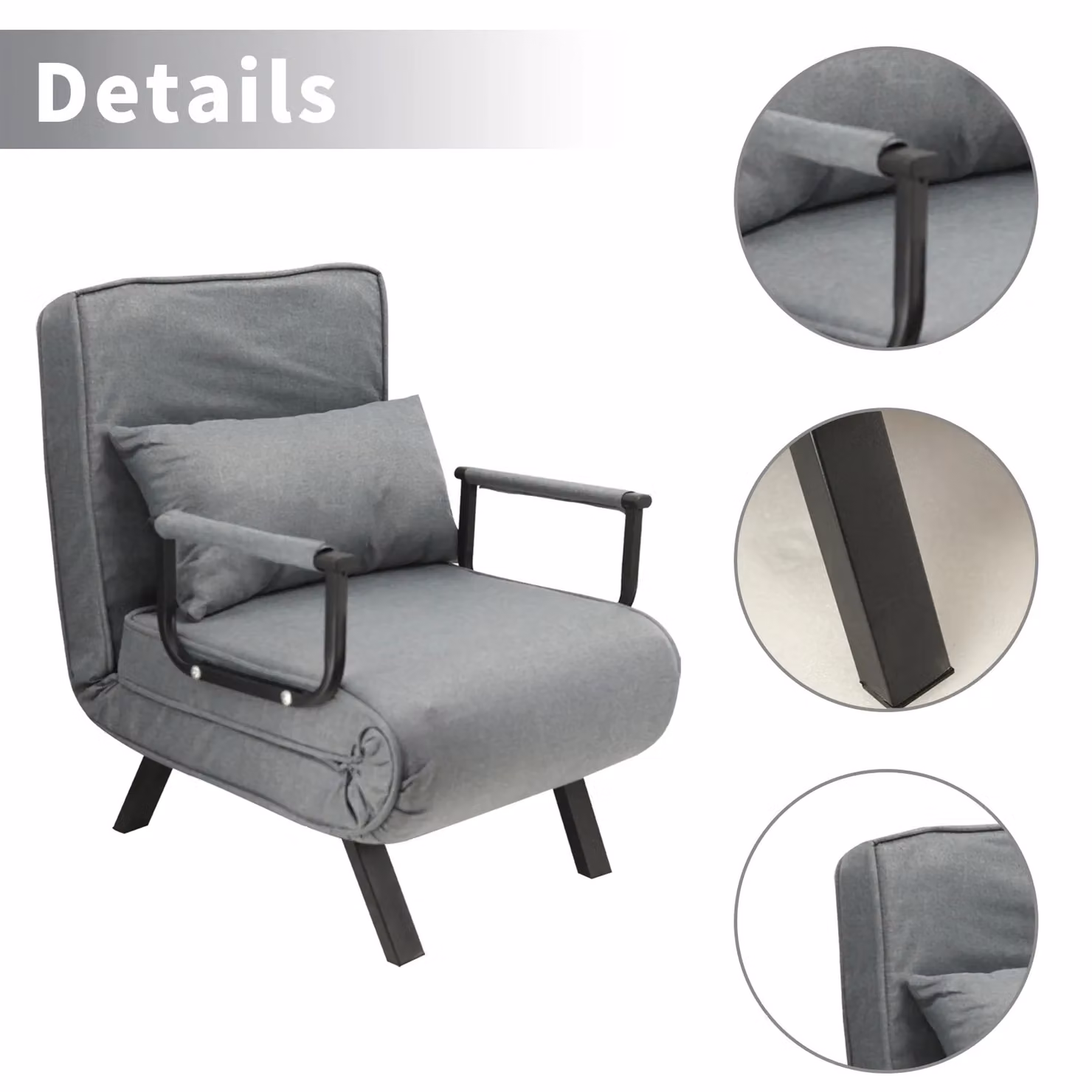 Hygrad Built to Survive 4 in 1 Foldable Single Sofa Bed Recliner with Pillow, Grey – 5