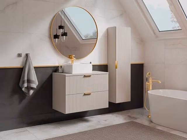 Vente-unique ZEVARA Striped Wall-Mounted Bathroom Storage Tower in Beige, Black and Gold, H: 140 x W: 35 x D: 25 cm