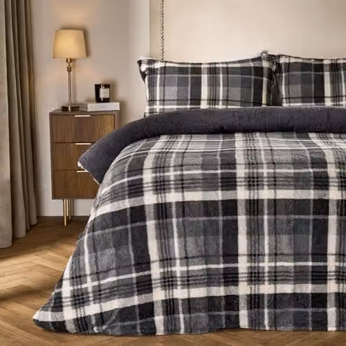 OHS Teddy Fleece Checked Duvet Cover and Pillowcase Set in Anthracite Grey, W/D/H: 200 x 200 cm