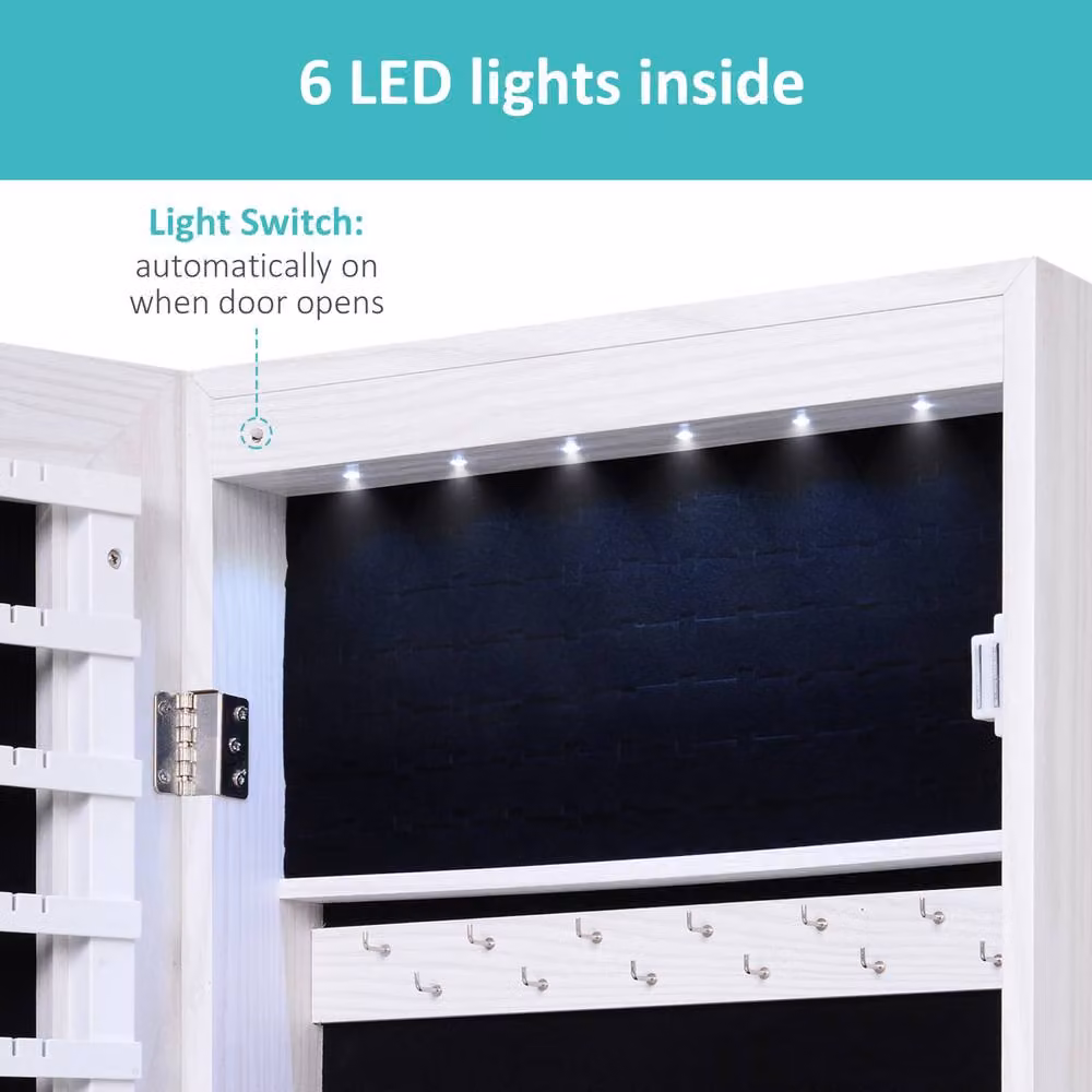 STILVORA White Wall Mounted Jewellery Cabinet with Mirror, LED Lighting and Lock – 4