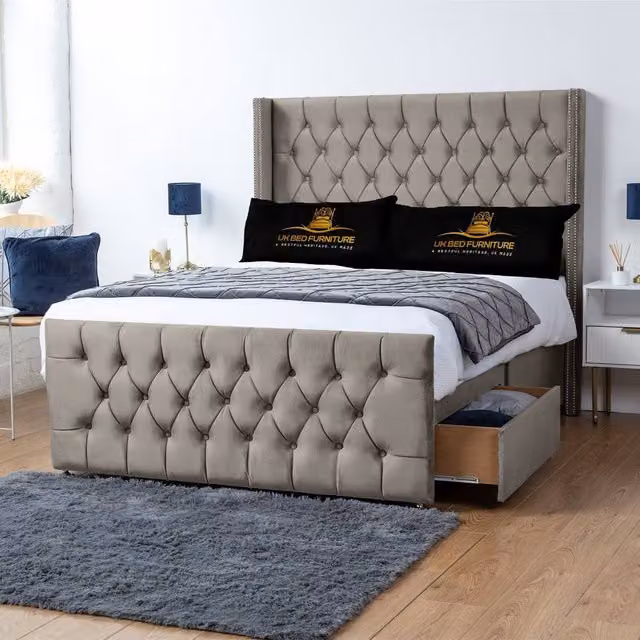 UK Bed Furniture Emily Wingback Divan Bed with 2 Foot End Drawers and 54 Inch Headboard in Light Beige, Size: Super King (200 x 200 cm)