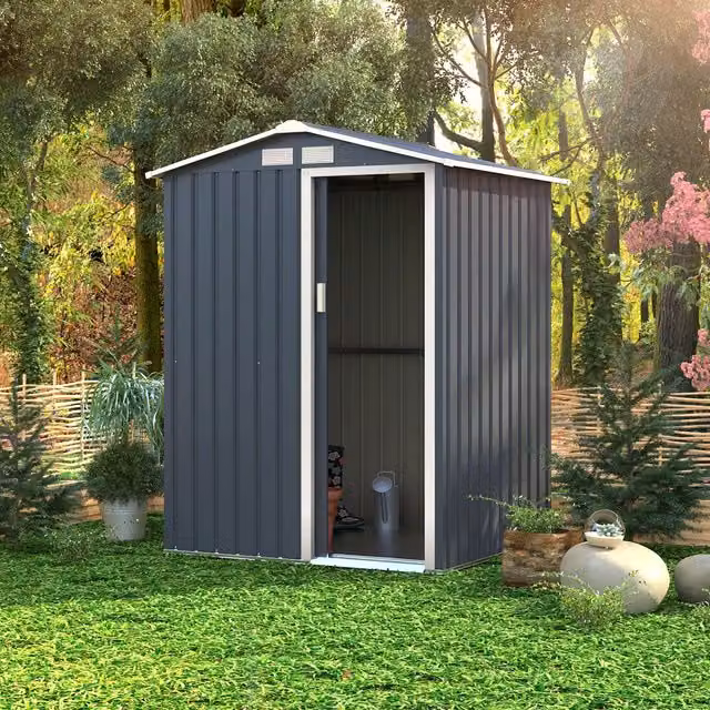Charles Bentley Metal Apex Storage Shed in Grey with Single Door and Side Vent, H186 x W150 x D150 cm – 1