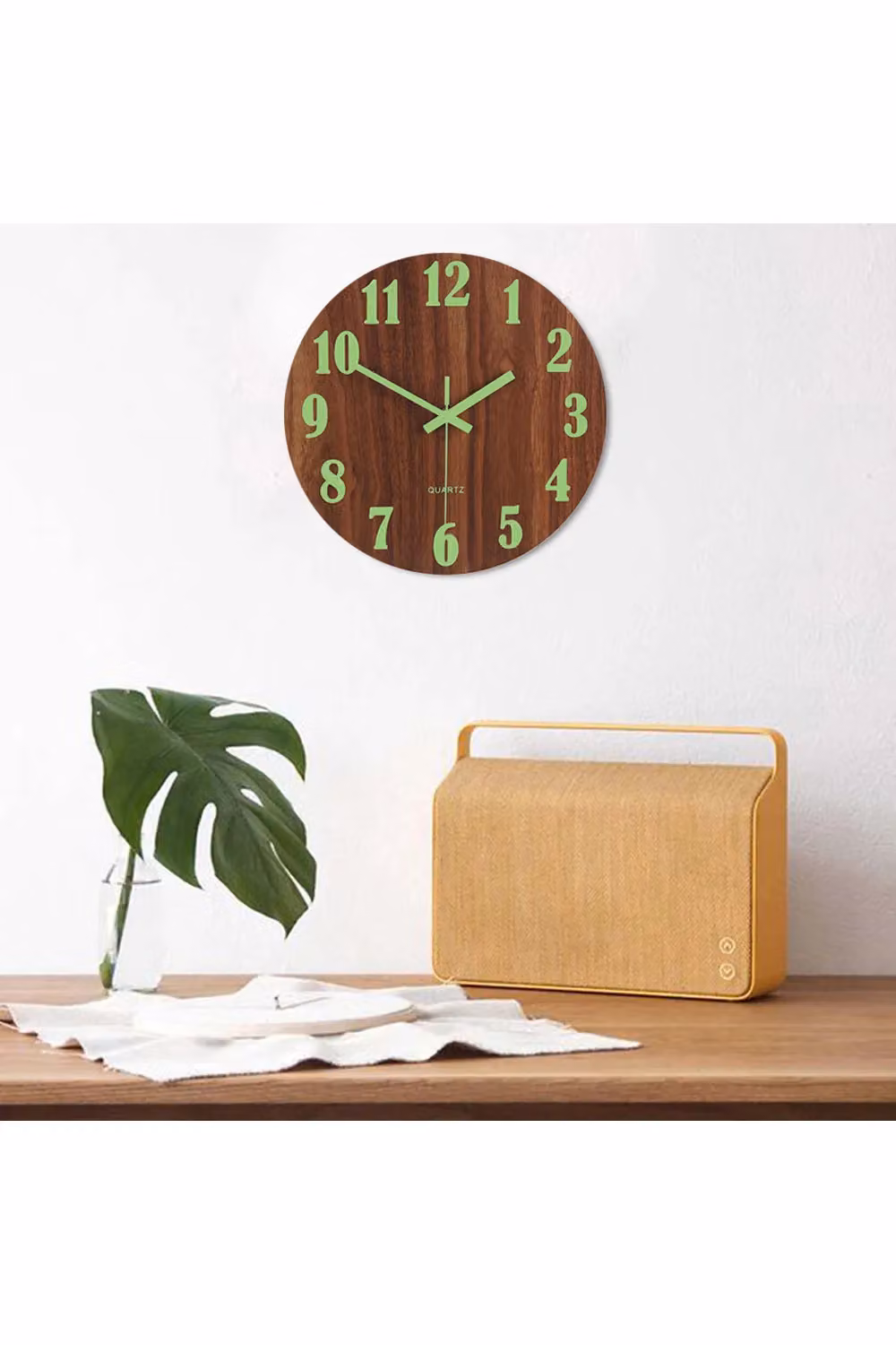 Living and Home Round Quartz Wall Clock with Illuminated Arabic Numerals in Brown Imitation Walnut Grain, Diameter: 30 cm – 4