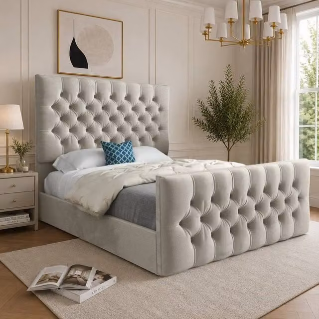 Casani Portmeirion Chesterfield Upholstered Velvet Bed Frame in Cream, Size: Super King (200 x 200 cm) – 1
