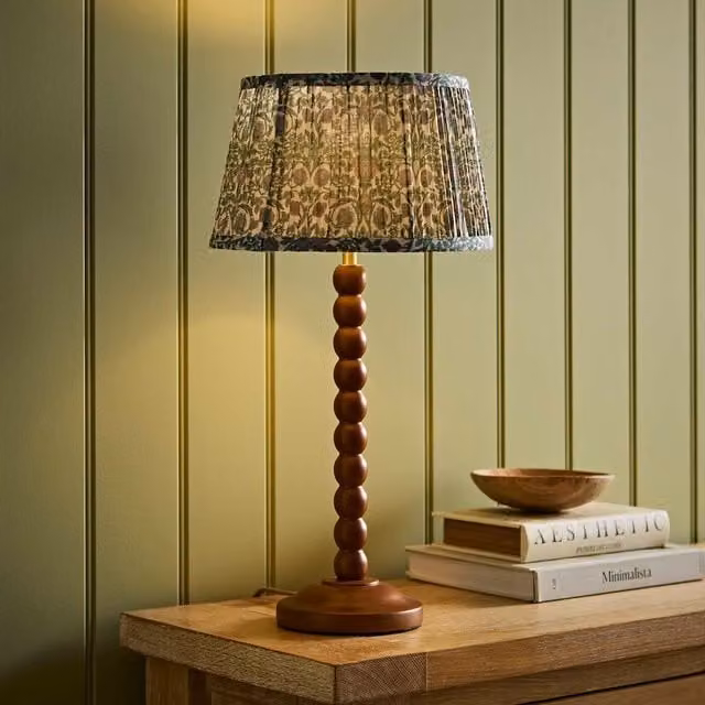 ValueLights Bobbin Floral Printed Pleated Shade Walnut Bobble Table Lamp in Green and Brown – 1