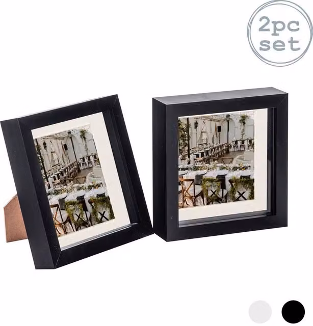 Nicola Spring 2 Piece Square 3D Shadow Box Photo Frame Set in Black with White Mounts – 3