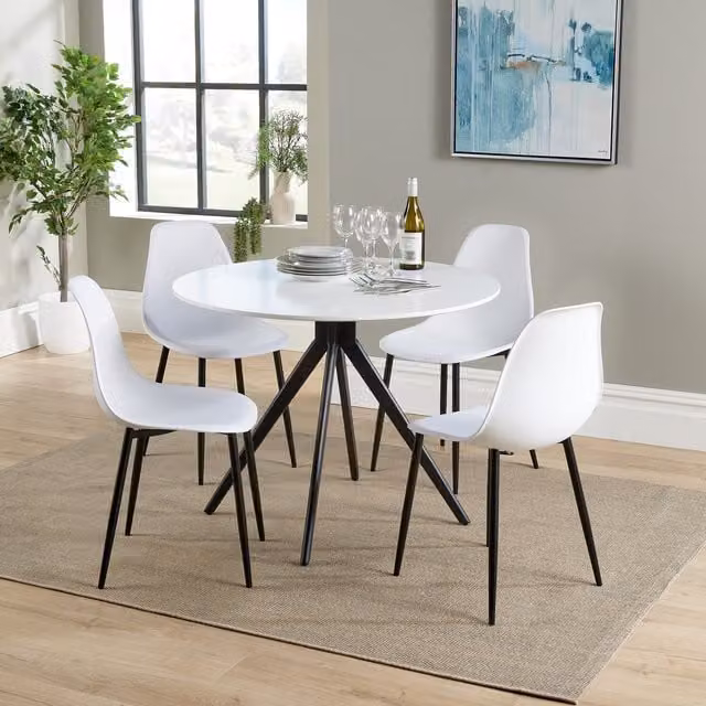 Core Products Ltd Aspen Round Dining Table and Four Plastic Curve Chair Set in White and Black