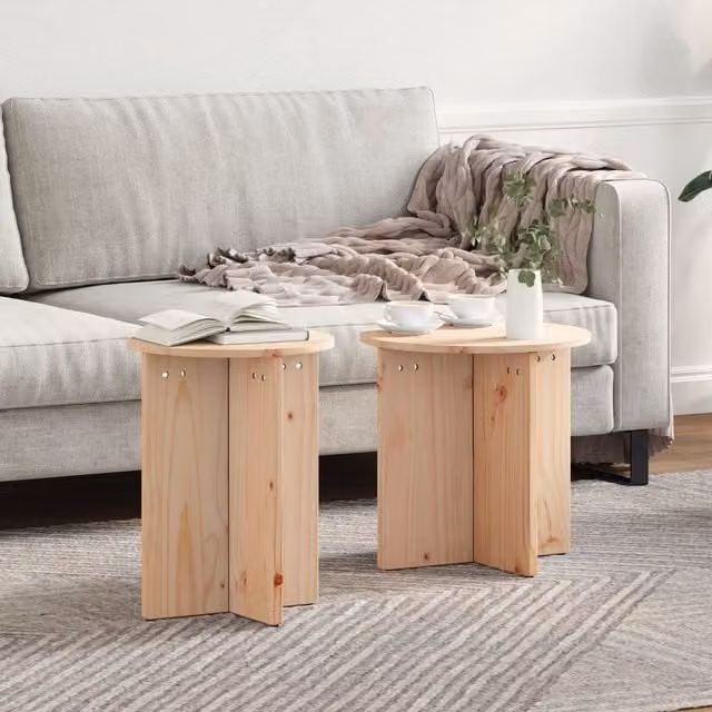 Berkfield Home Set of 2 Round Rustic Coffee Tables in Brown Solid Pine Wood – 1