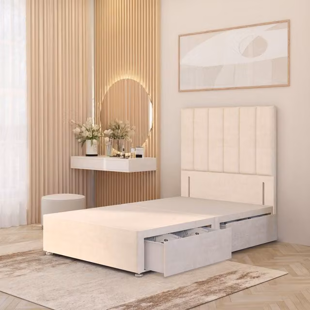 Somnior Beds Ltd Modern Upholstered Velvet Divan Bed Base with Drawers, White, W/D/H: 120 x 200 x 34.5 cm