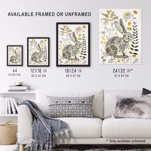 Artery8 Bunny Rabbit and Flowers Folk Art Framed Wall Art Print, Yellow and Grey, A4 – 3