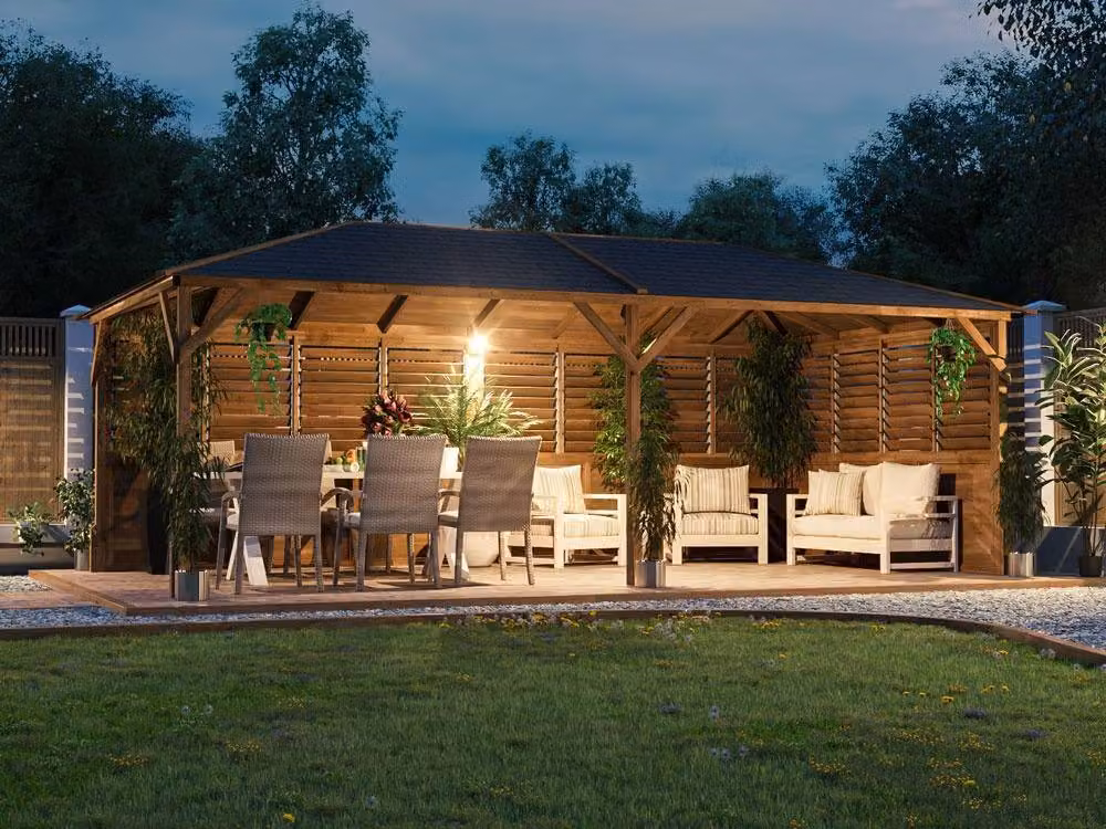Dunster House Wooden Gazebo Kit with Louvre Wall and Bitumen Shingles in Brown, W: 600 cm, D: 300 cm – 2