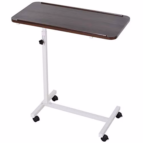 HOMCOM Height Adjustable C-Shaped Overbed Table with Castors, Brown – 1