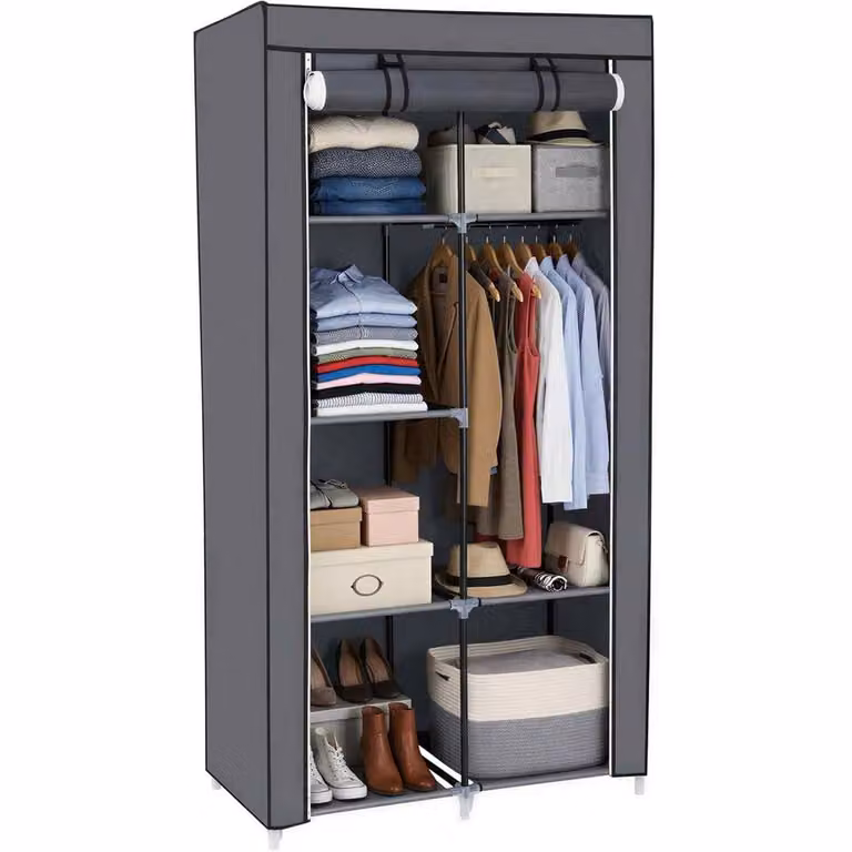 The Bazaarist Grey Fabric Wardrobe with Hanging Rail and 6 Shelves