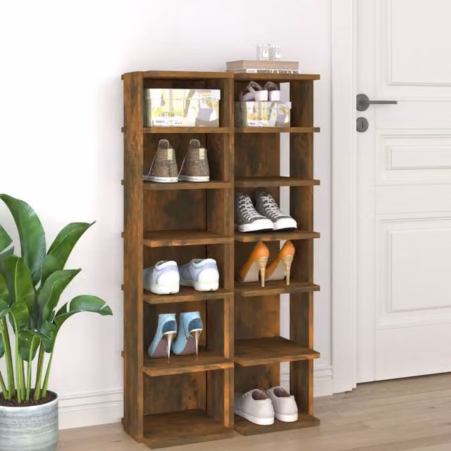 Berkfield Home Set of 2 Smoked Oak Shoe Racks, Brown Engineered Wood, W/D/H: 27.5 x 27.0 x 102.0 cm