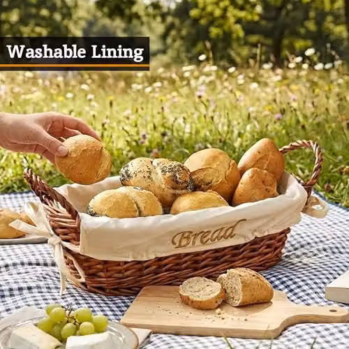 Orsina Small Natural Brown Wicker Bread Basket with Beige Liner – 5