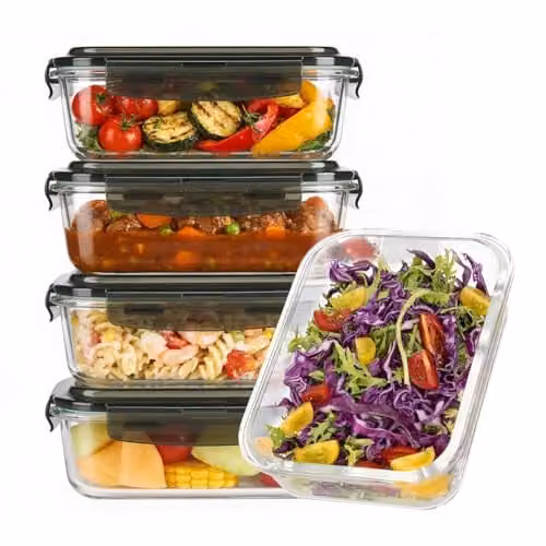 MantraRaj 5 Pack Glass Food Storage Containers with Airtight Blue Silicone Lids, 1100ml Each, BPA Free and Leakproof – 1