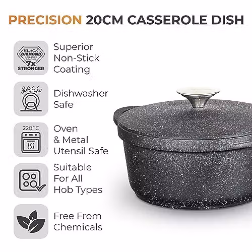 Tower Precision Non-Stick Cast Aluminium Casserole Dish with Lid, Black, 20cm – 2