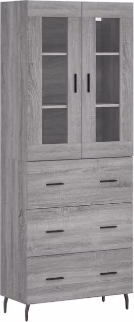 Berkfield Home Grey Sonoma Highboard with Glass Doors and Drawers, H 180 x W 69.5 x D 34 cm – 1