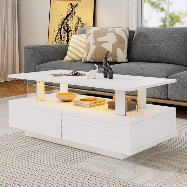 Aosom UK Sleek LED Coffee Table with App-Controlled Lighting and Open Storage Shelf, White, W: 100 cm, D: 50 cm, H: 42.5 cm – 1