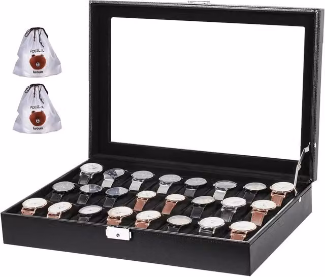 SPETLEK 24 Grid Watch Display Box and Jewelry Storage Case with Glass Lid, Black