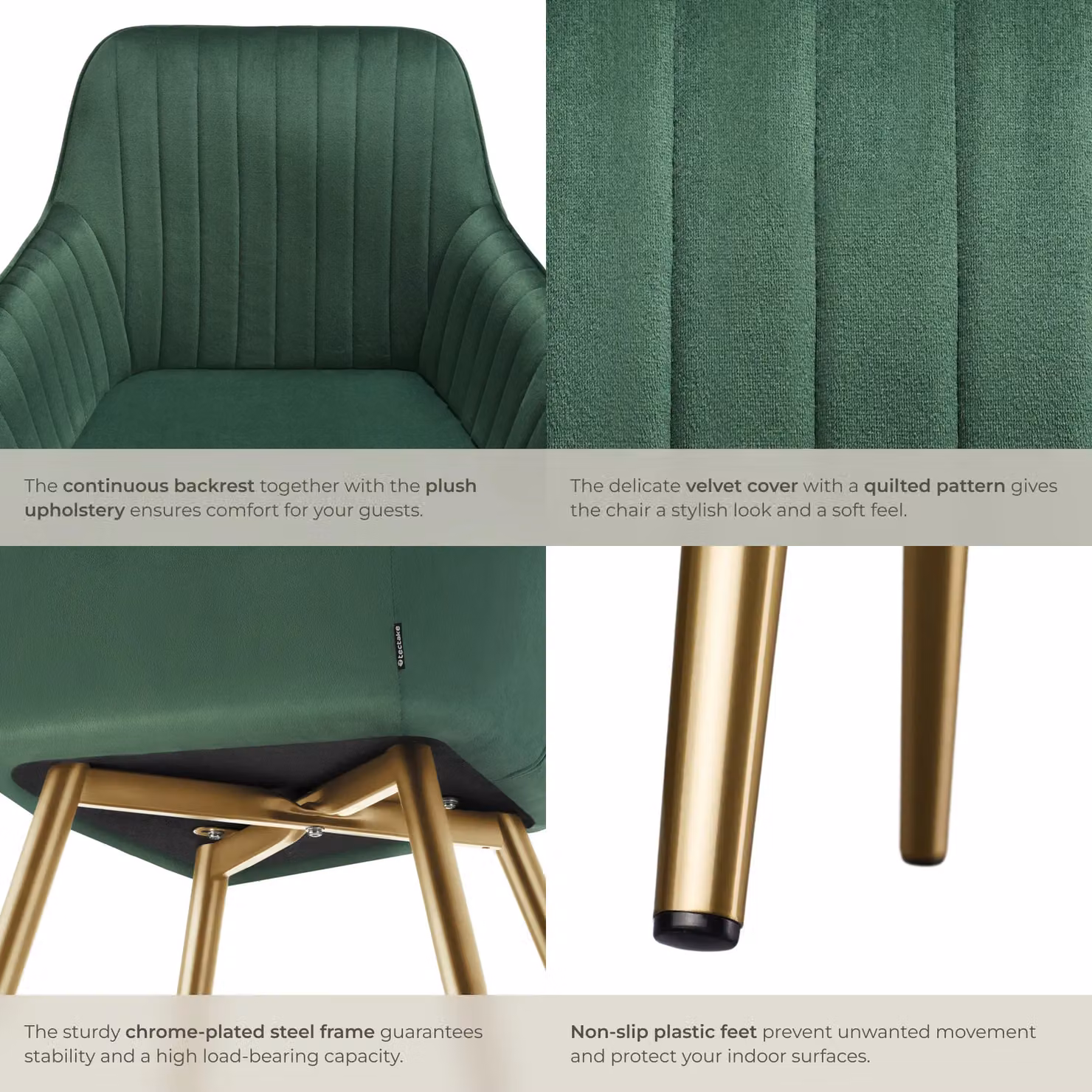tectake Marilyn Set of 6 Modern Velvet Dining Chairs in Dark Green and Gold – 5