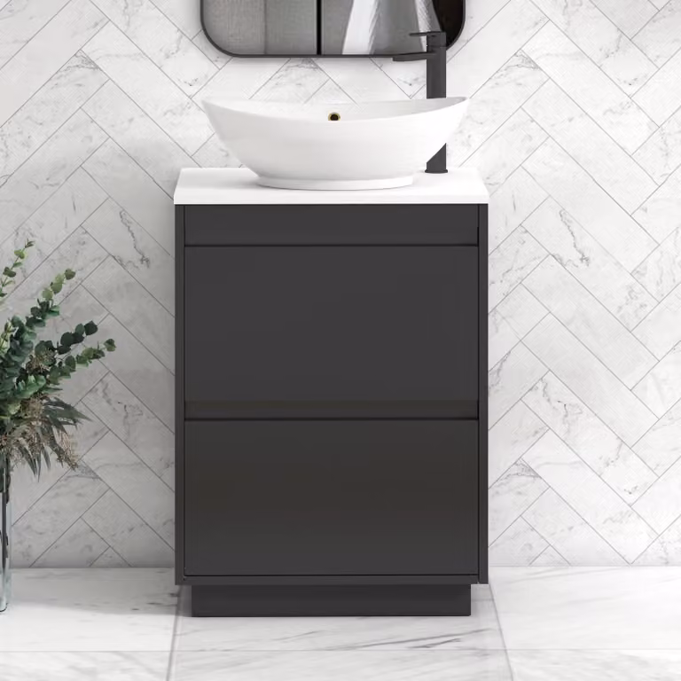 Royal Bathrooms Orion 600mm Matt Obsidian Black and Plain White Floor Standing Vanity Unit with Amaze Basin and Black Accent Trim