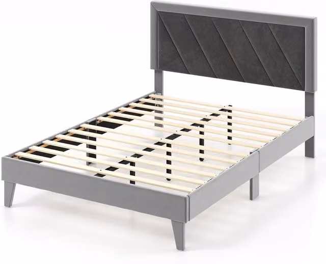 Gymax Double Velvet Upholstered Platform Bed Frame with High Headboard in Grey, W/D/H: 140 x 200 cm – 1