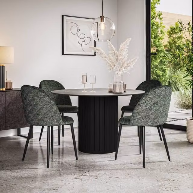 More4Homes Arlo Concrete Round Dining Table with Black Legs and 6 Raye Green Velvet Dining Chairs Set