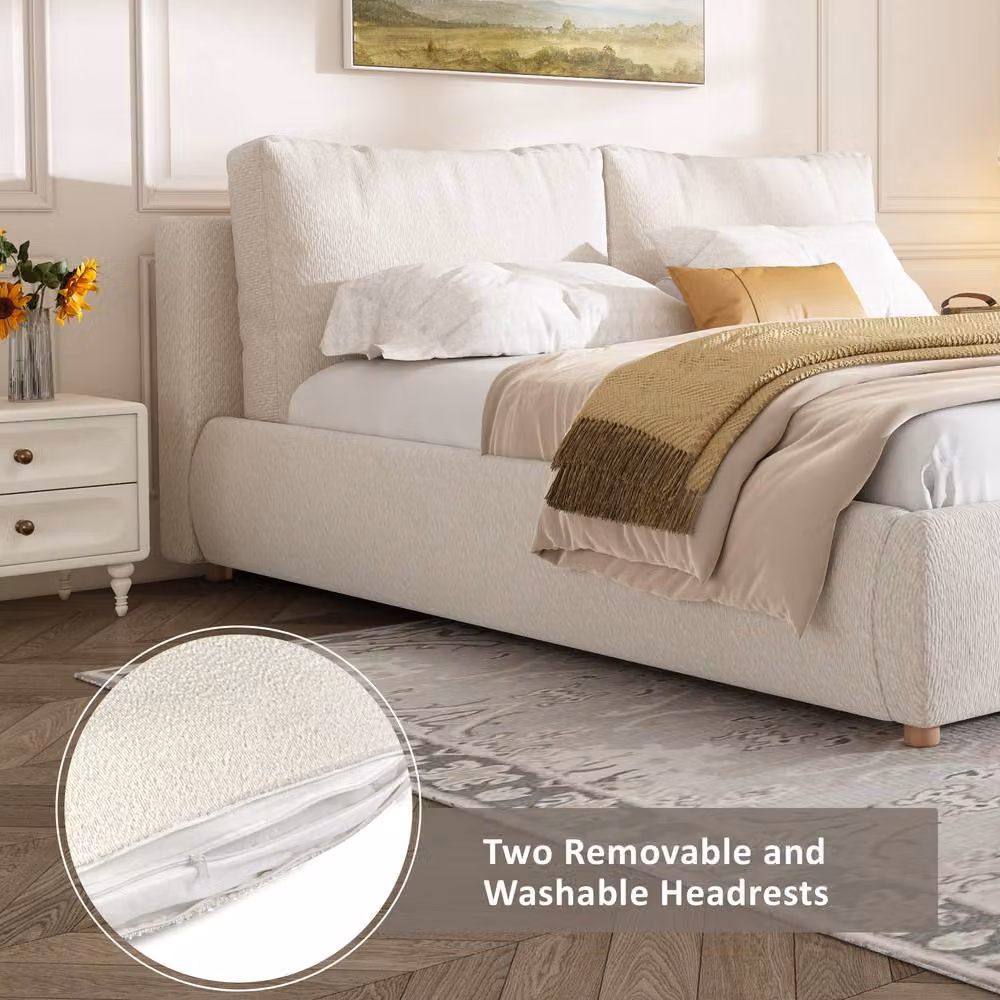 Rolipo Double Ottoman Storage Bed Frame in Warm White Boucle Fabric, W/D/H: 150 x 200 cm – 4