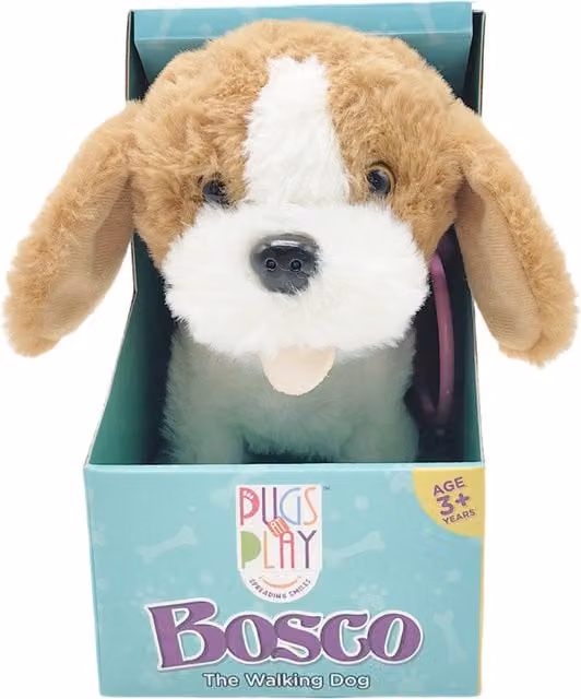 Pugs at Play Bosco Interactive Plush Walking Dog Pull Along Toy with Hand Control Lead in Brown