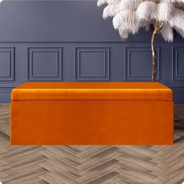 R&M Furnishers Large Plain Safar Storage Ottoman Box in Burnt Orange Plush Velvet