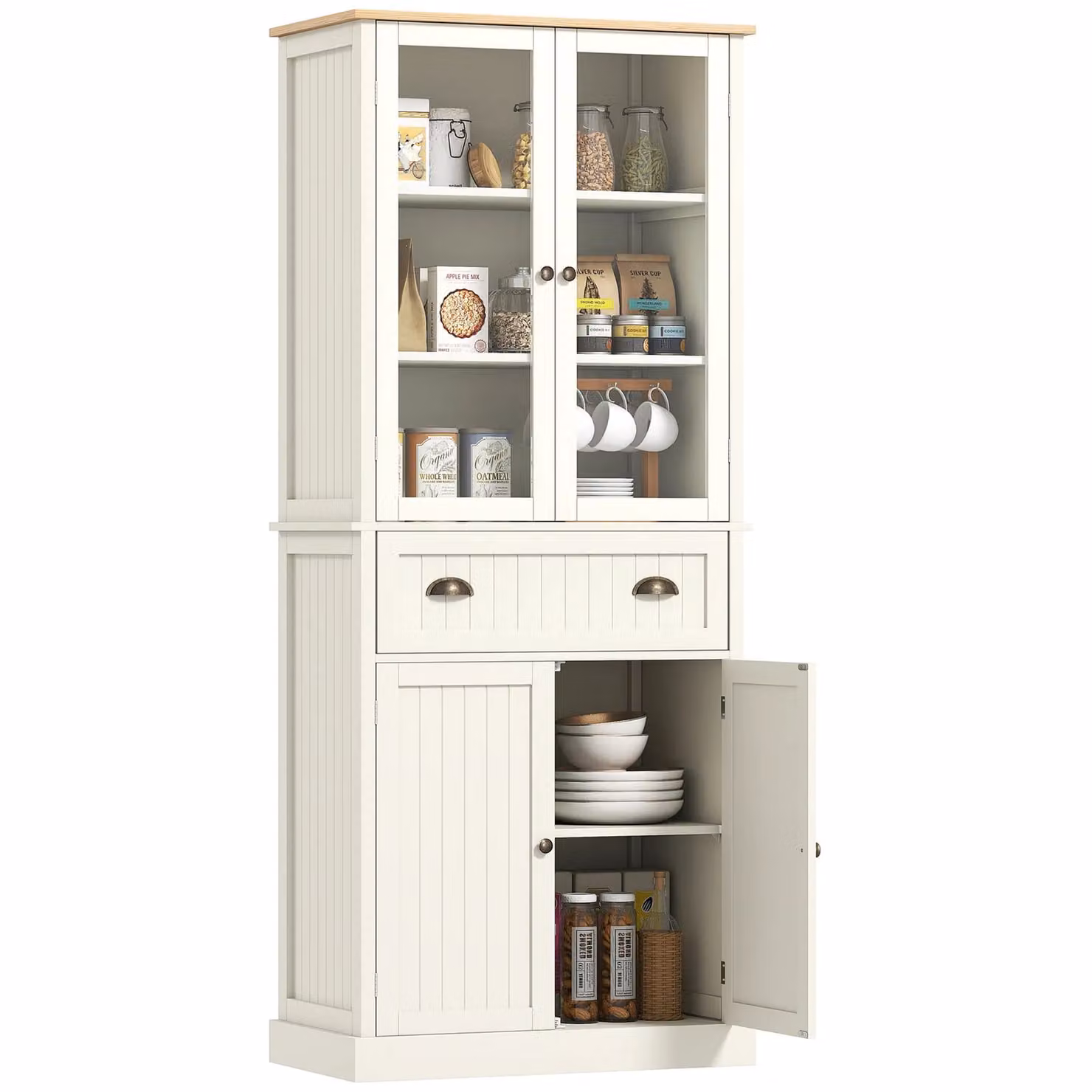 HOMCOM White 5-Tier Kitchen Cupboard Tall Storage Unit with Glass Doors and Adjustable Shelves, H: 182.5 cm, W: 76.0 cm – 2