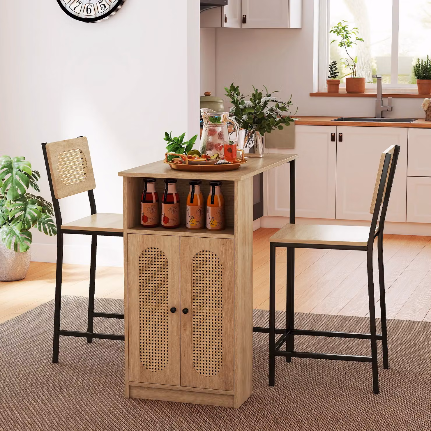 Gymax 3 Piece Bar Table Set with 2 Bar Stools and Cabinet in Beige – 3