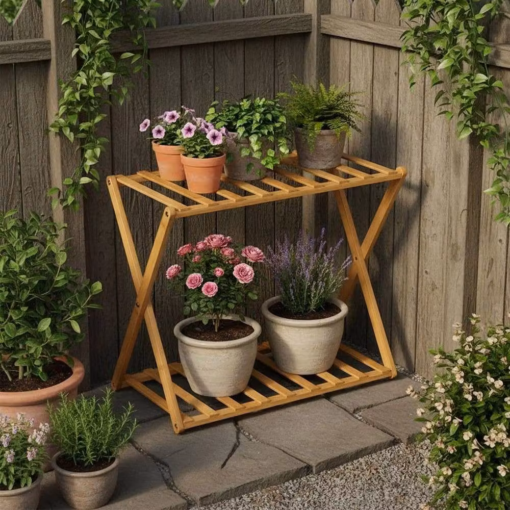 FORGEVIO 2-Tier Natural Wood Plant Stand in Brown and Beige – 2