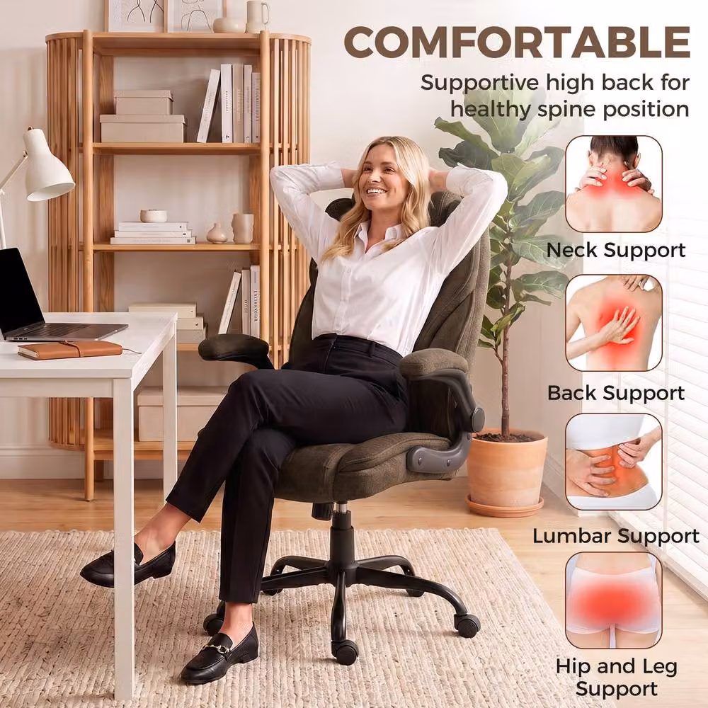 HOMCOM Brown Fabric Upholstered Office Task Chair with Flip-up Armrests and 360 Degree Swivel – 4