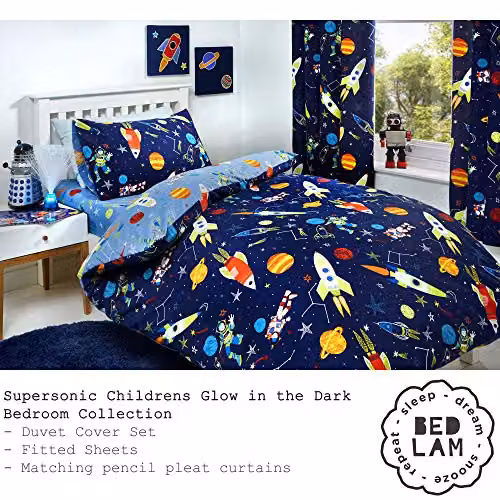 Bedlam Supersonic Glow In The Dark Star Pattern Pencil Pleat Curtains, Blue, W: 168 cm, D: 183 cm – 5