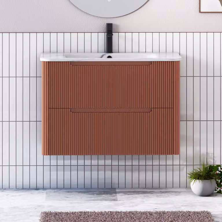 Royal Bathrooms Avenza 800mm Wall Hung Vanity Unit in Terracotta Clay with Carrara White Basin and 2 Drawers
