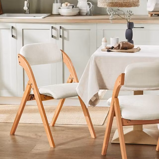 SoBuy Ergonomic Folding Wooden Chair in White with Beech Wood and Fabric Upholstery – 1