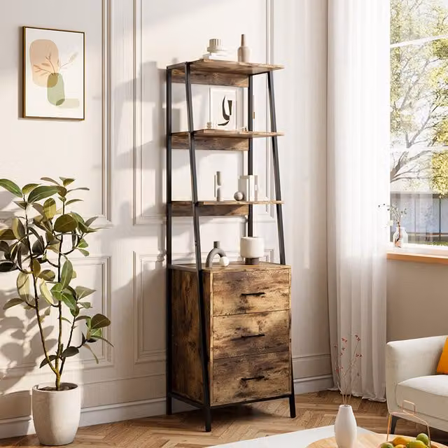 Komore Industrial Style Wood and Metal Bookcase with Storage Drawers in Brown and Black