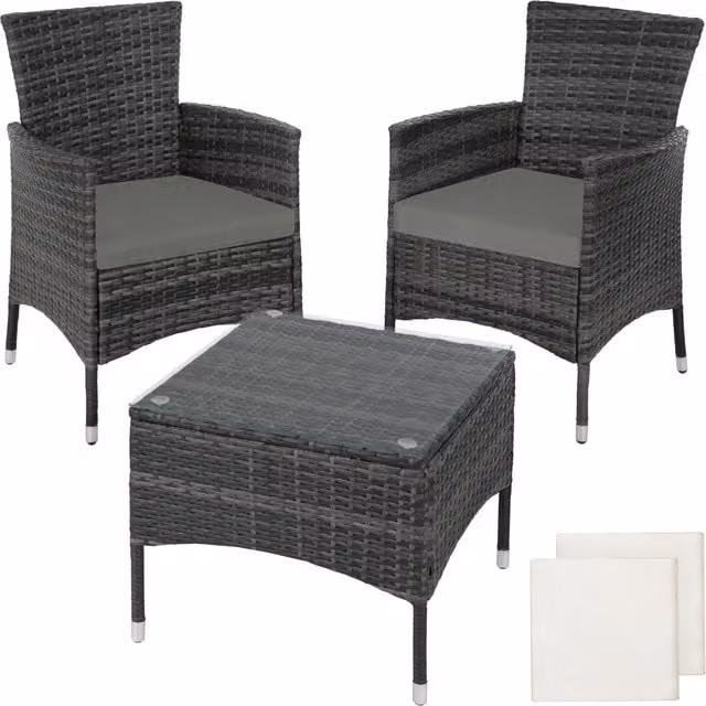 tectake Lucerne Rattan Garden Bistro Set in Grey with Glass Tabletop and Beige and Grey Cushions for 2 Adults – 1