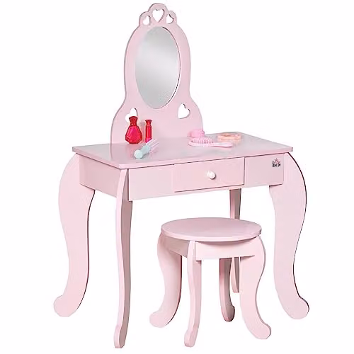 HOMCOM Kids Vanity Table and Stool Dressing Set with Mirror in Pink, W/D/H: 88 x 36 x 36 cm