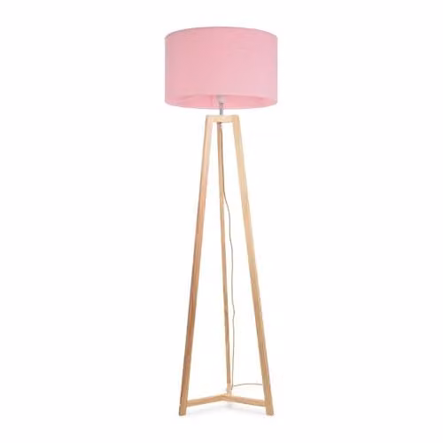 ValueLights Lottie Natural Wood Tripod Floor Lamp with Blush Pink Fabric Drum Shade, H 148 cm x W 45 cm x D 45 cm