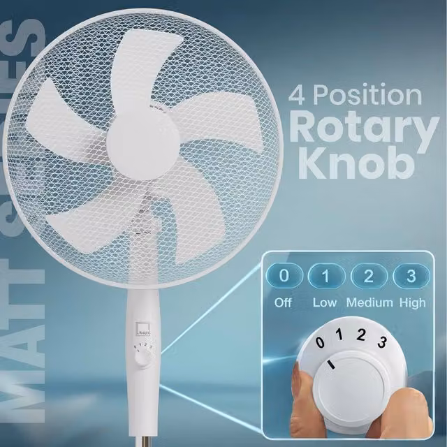 Knight 16 inch Pedestal Fan with Oscillation and Rotary Knob in Matt White
