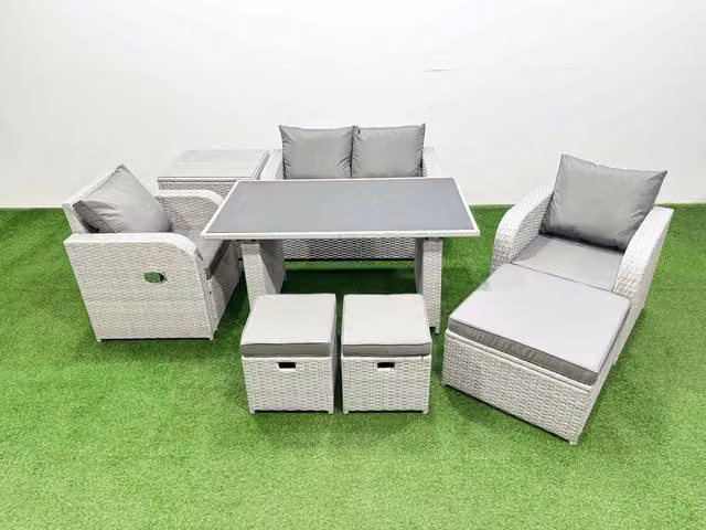 Fimous 7-Seater Outdoor Rattan Garden Furniture Dining Set with Side Table in Light Grey