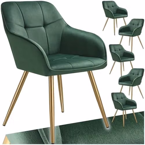 tectake Marilyn Set of 6 Dining Chairs with Velvet Fabric and Gold Metal Legs in Dark Green/Gold – 1