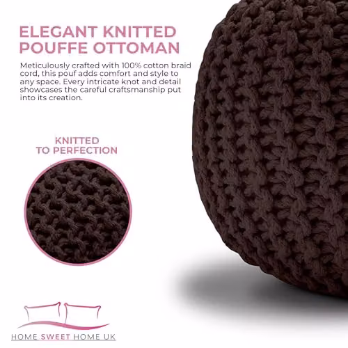 Home Sweet Home UK Handmade Chunky Knitted Cotton Ottoman Footstool in Brown, W/D/H: 50 x 50 x 30 cm – 3
